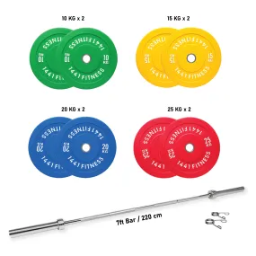 1441 Fitness Premium Color Rubber Bumper Plates Set - 160 Kg / 7 Ft Barbell