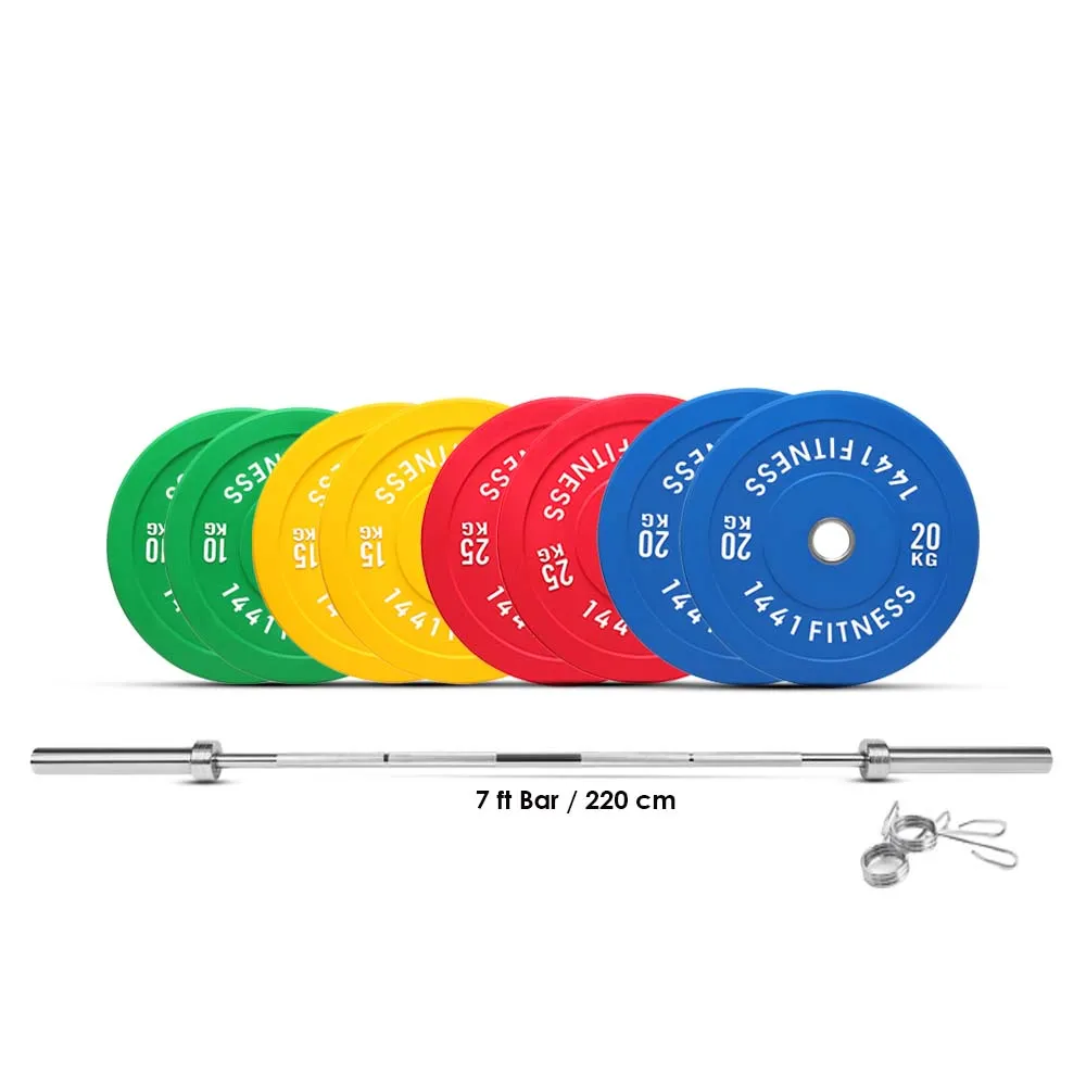 1441 Fitness Premium Color Rubber Bumper Plates Set - 160 Kg / 7 Ft Barbell