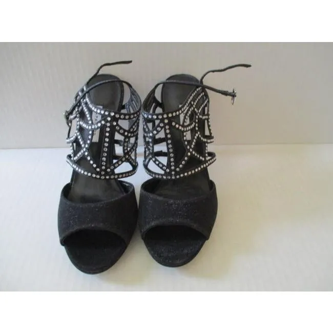 Caparros Black Rhinestone Fabric Sparkly Open Toe Pumps Size Us
