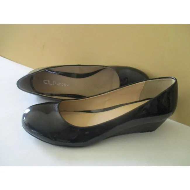 Cl By Laundry Black Marciapatent Round Toe Slip On Wedges Size Us