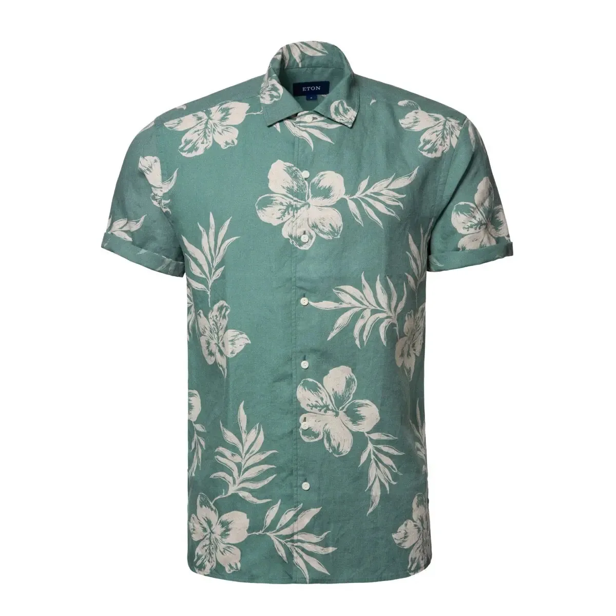 Green Hibiscus Print Linen Resort Short Sleeve Shirt