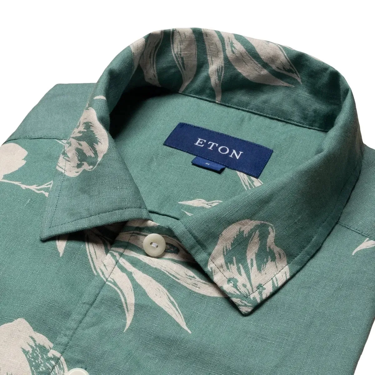 Green Hibiscus Print Linen Resort Short Sleeve Shirt