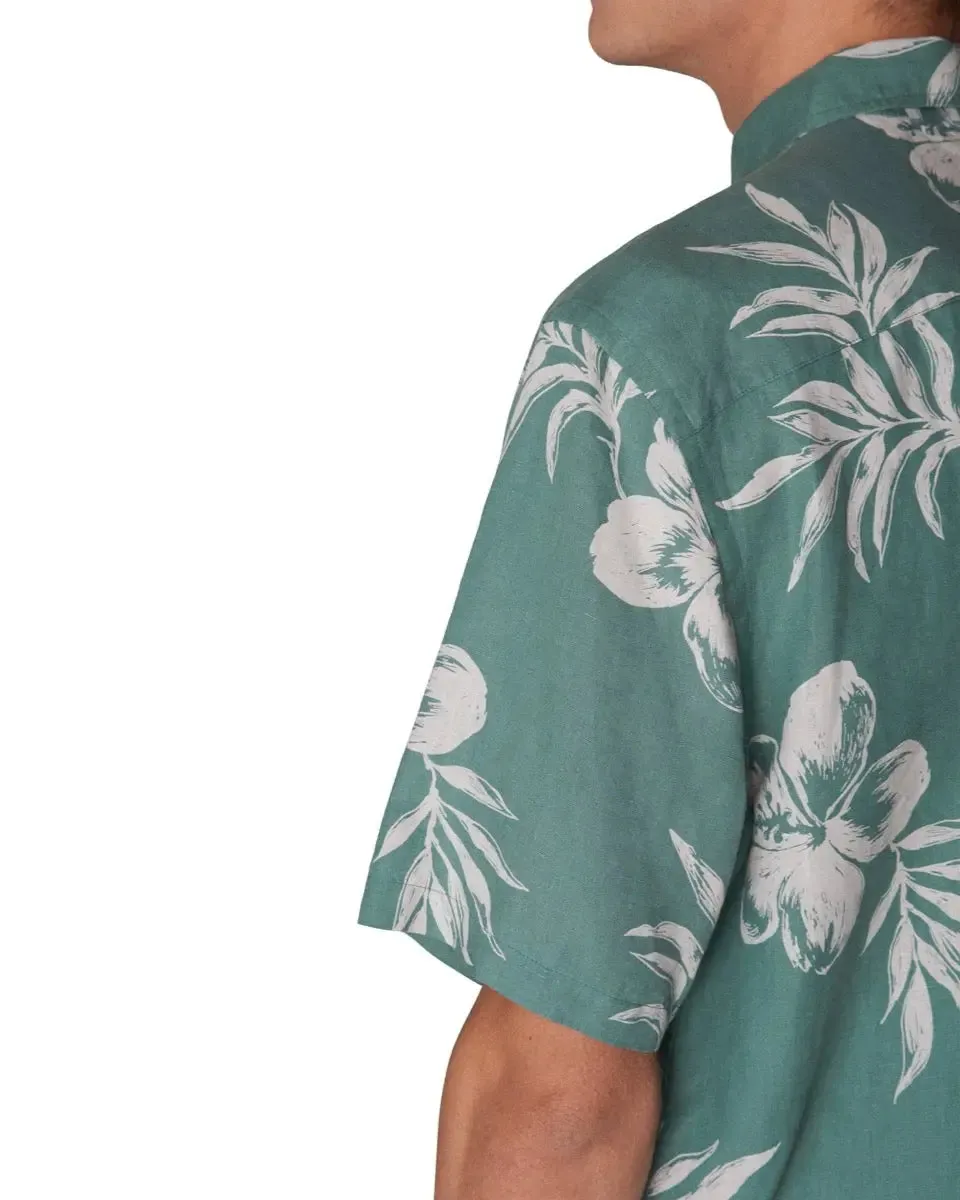 Green Hibiscus Print Linen Resort Short Sleeve Shirt