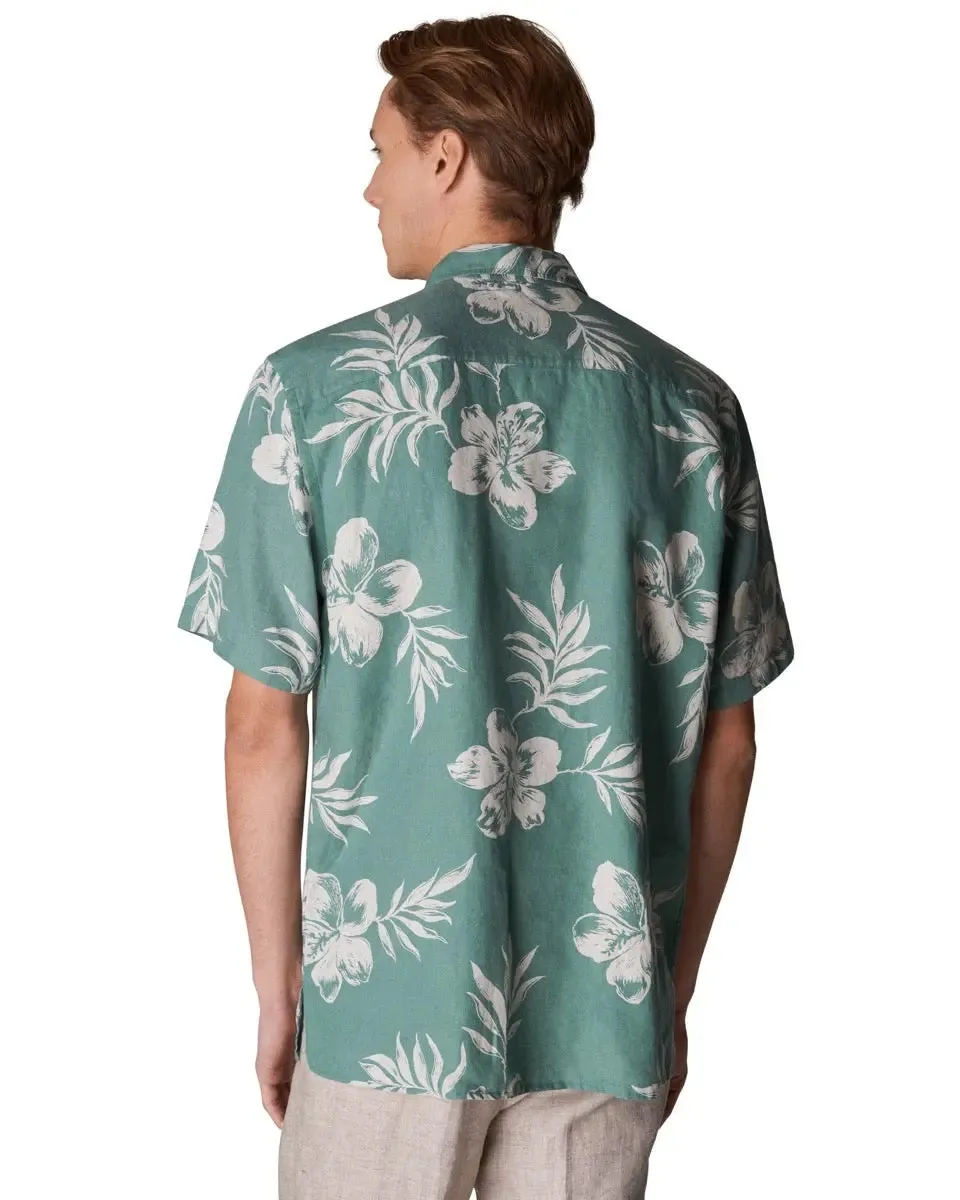 Green Hibiscus Print Linen Resort Short Sleeve Shirt