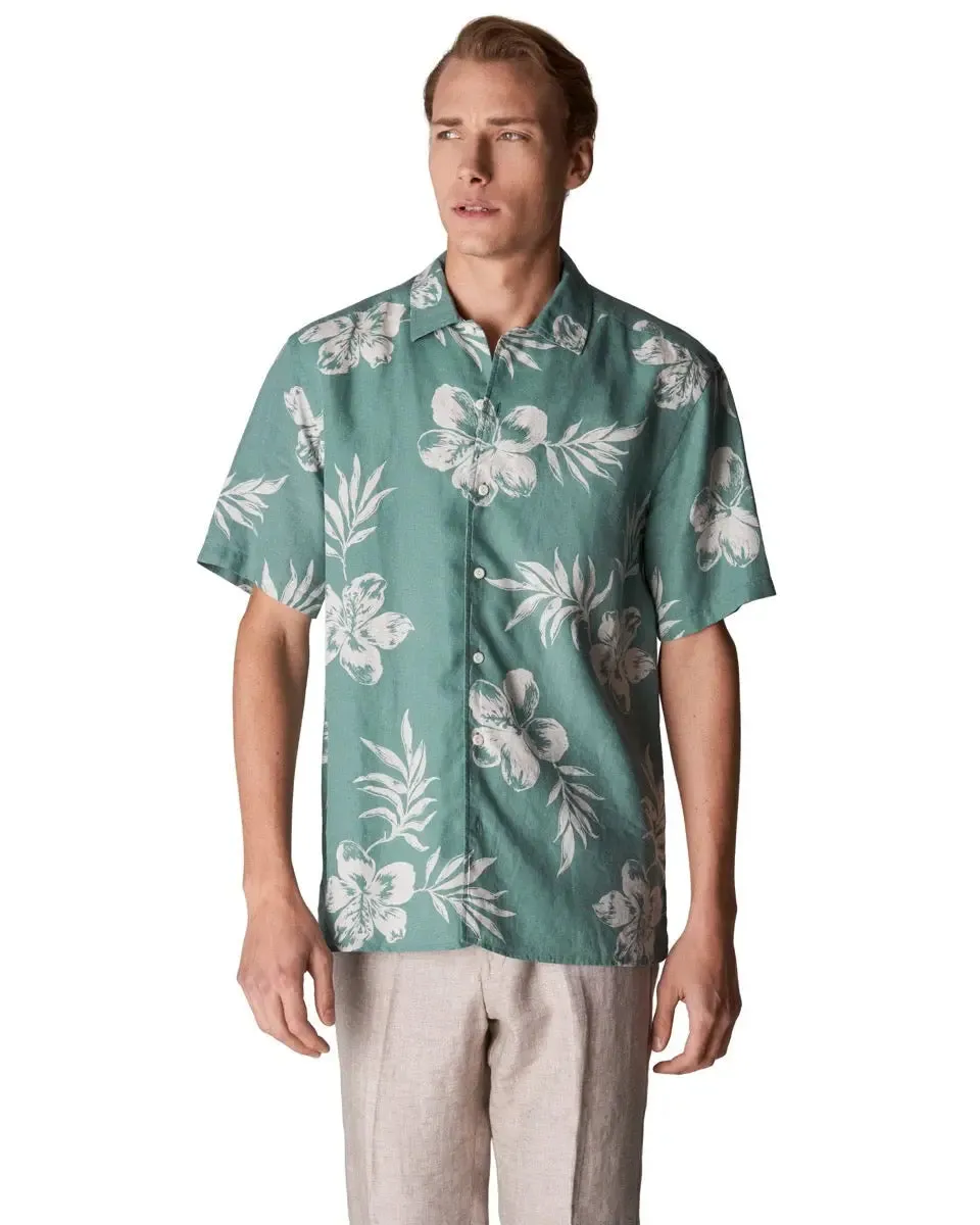 Green Hibiscus Print Linen Resort Short Sleeve Shirt