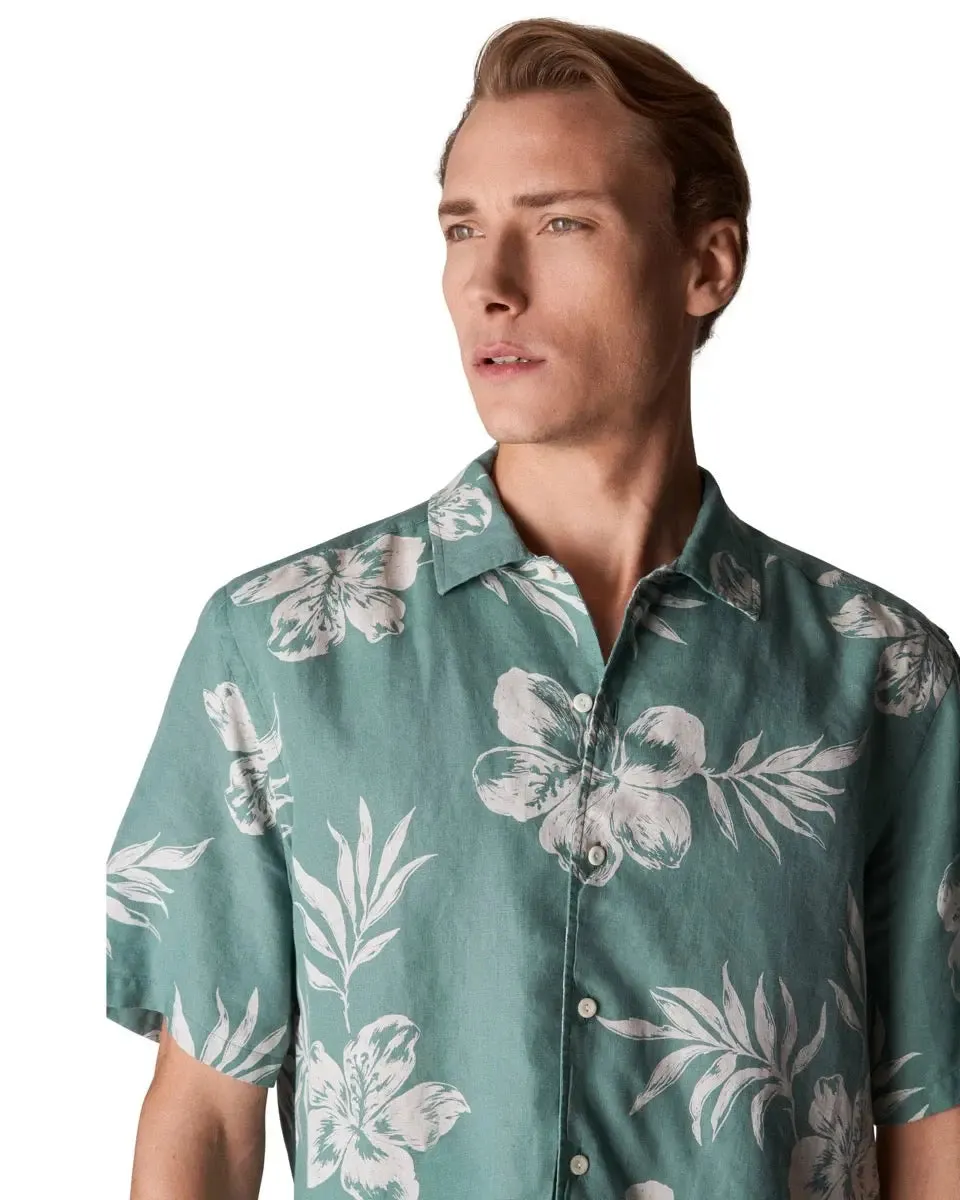 Green Hibiscus Print Linen Resort Short Sleeve Shirt