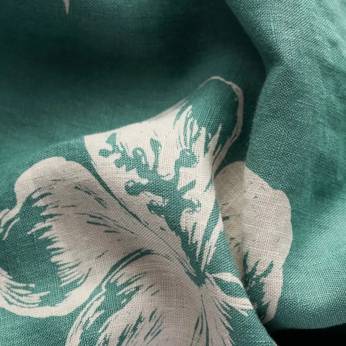 Green Hibiscus Print Linen Resort Short Sleeve Shirt