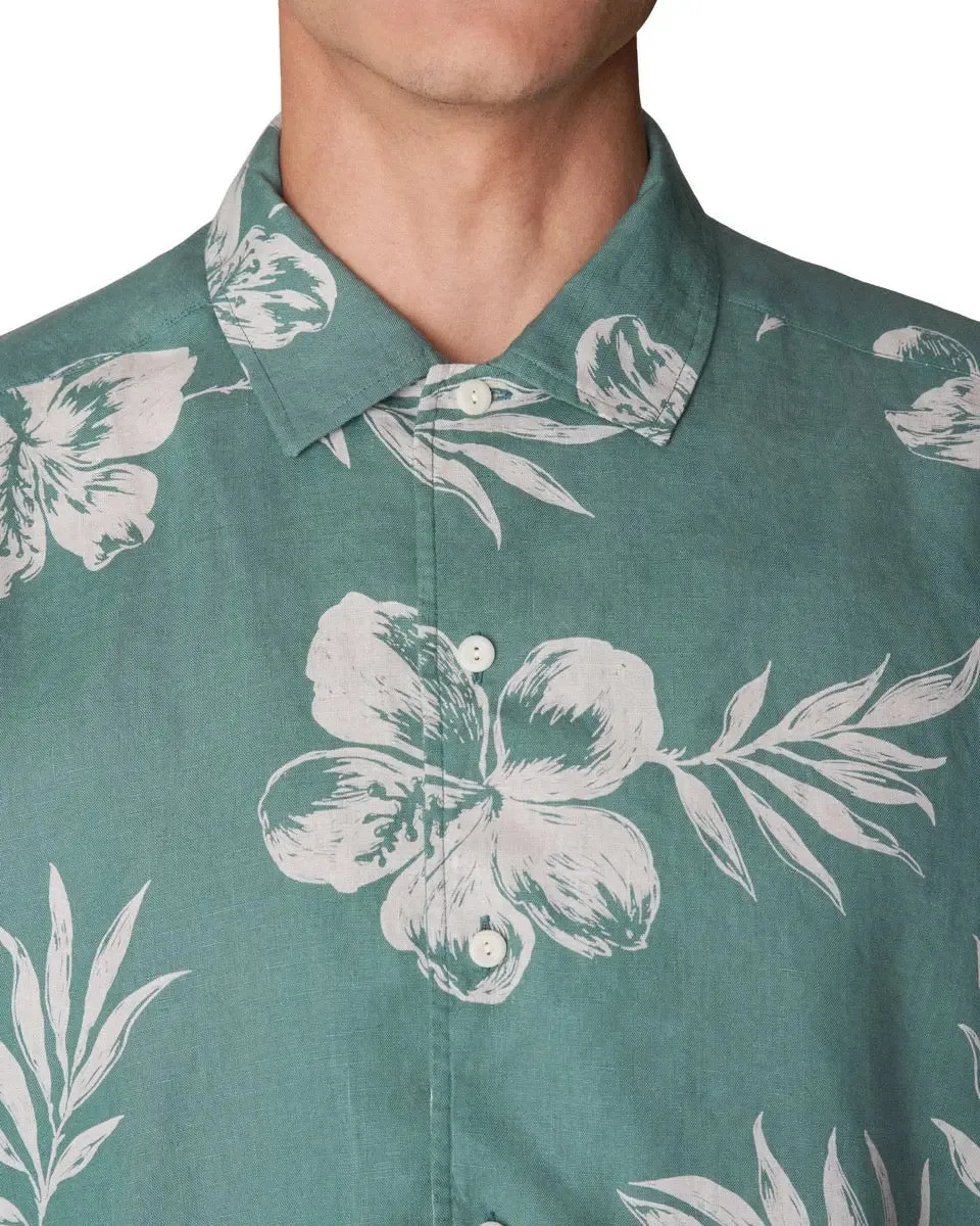 Green Hibiscus Print Linen Resort Short Sleeve Shirt