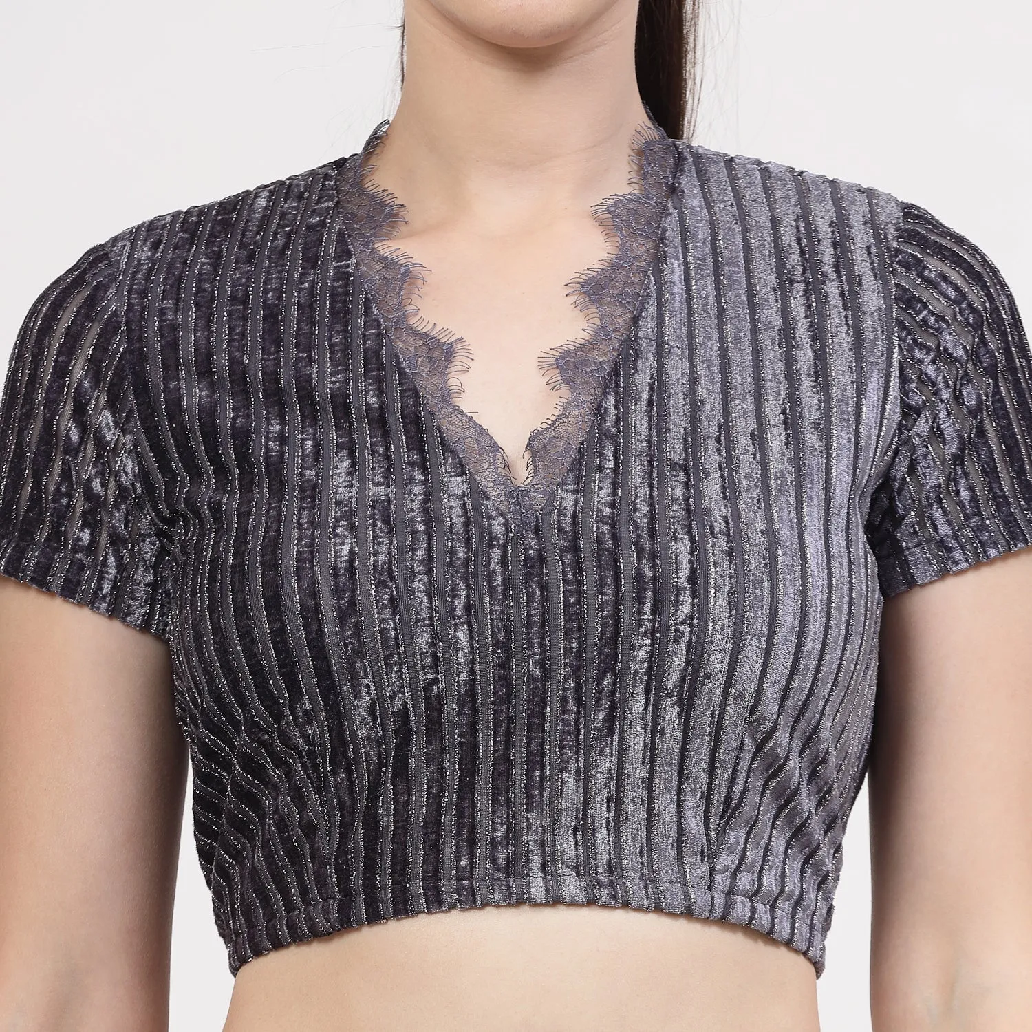 Grey Velvet Blouse With French Lace