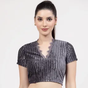 Grey Velvet Blouse With French Lace