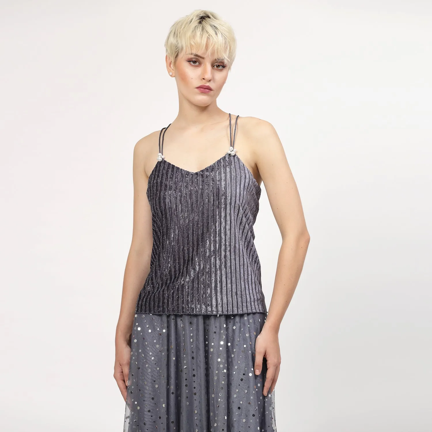Grey Velvet Spaghetti Top With Strings And Pearl Beads