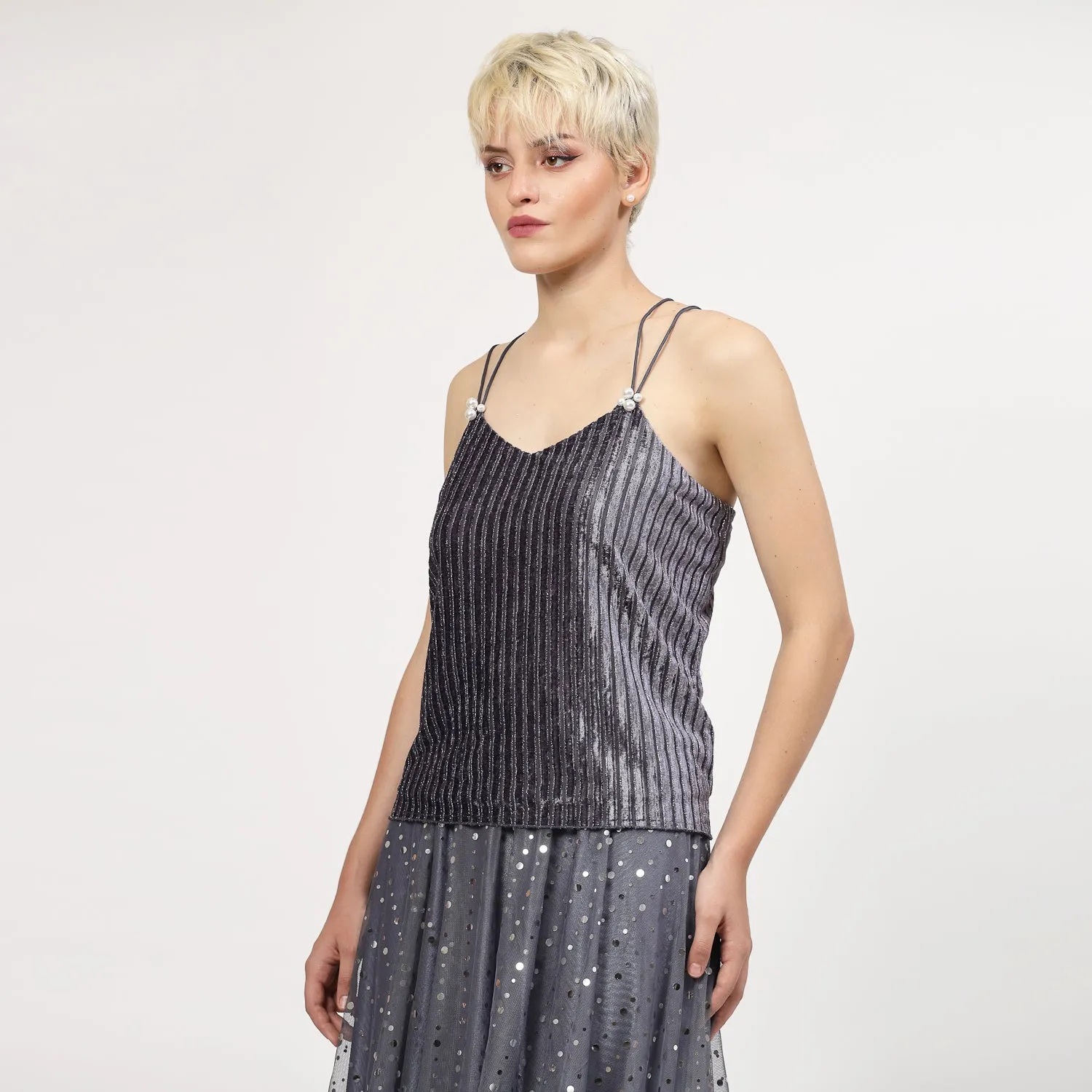 Grey Velvet Spaghetti Top With Strings And Pearl Beads