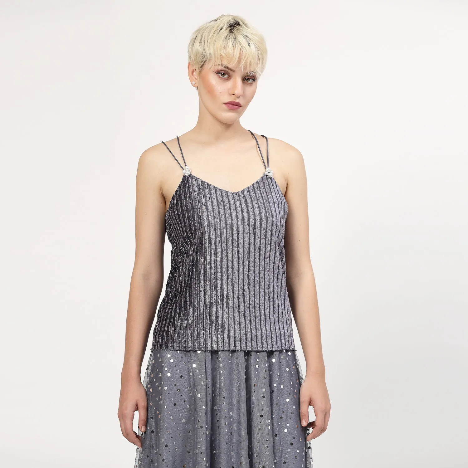 Grey Velvet Spaghetti Top With Strings And Pearl Beads