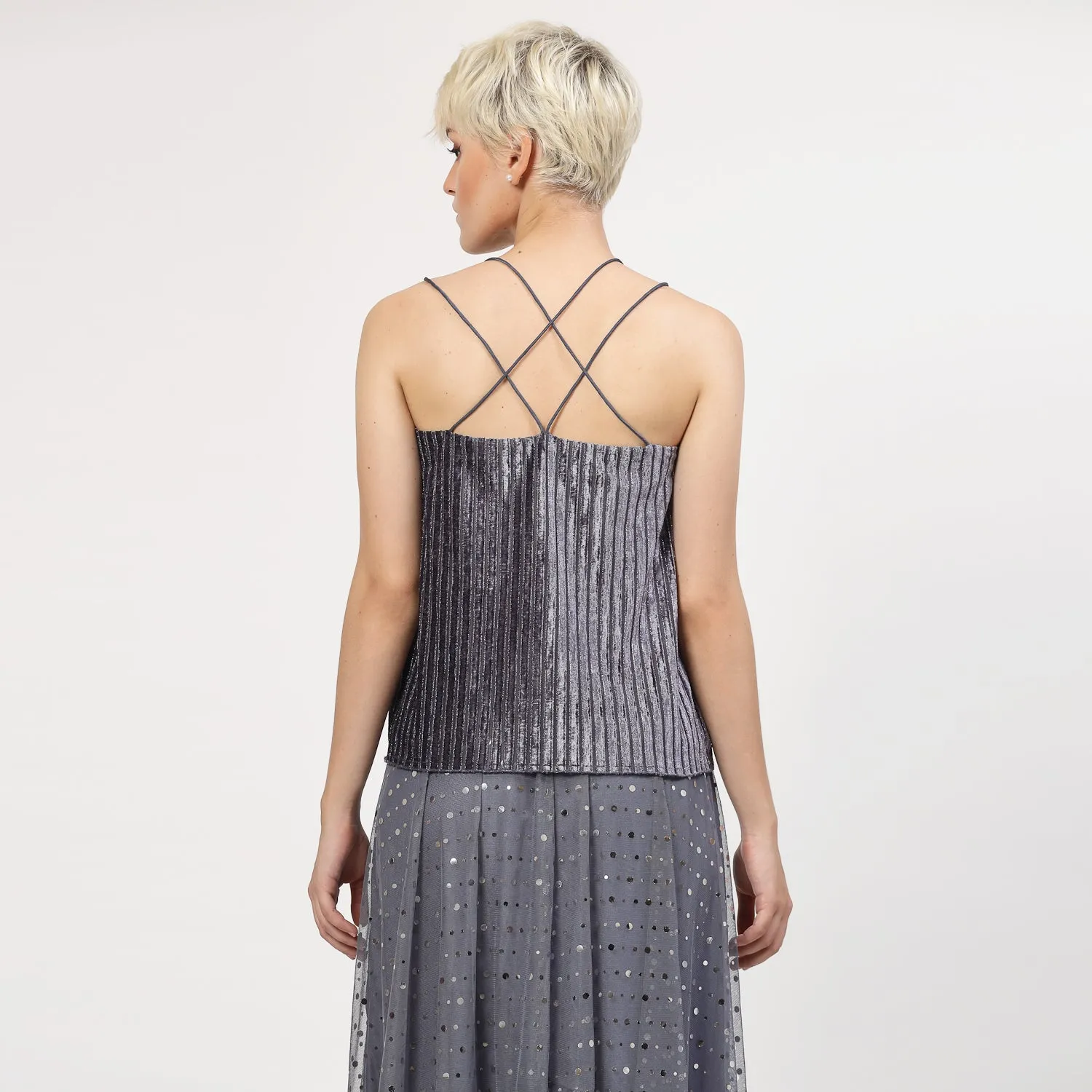 Grey Velvet Spaghetti Top With Strings And Pearl Beads