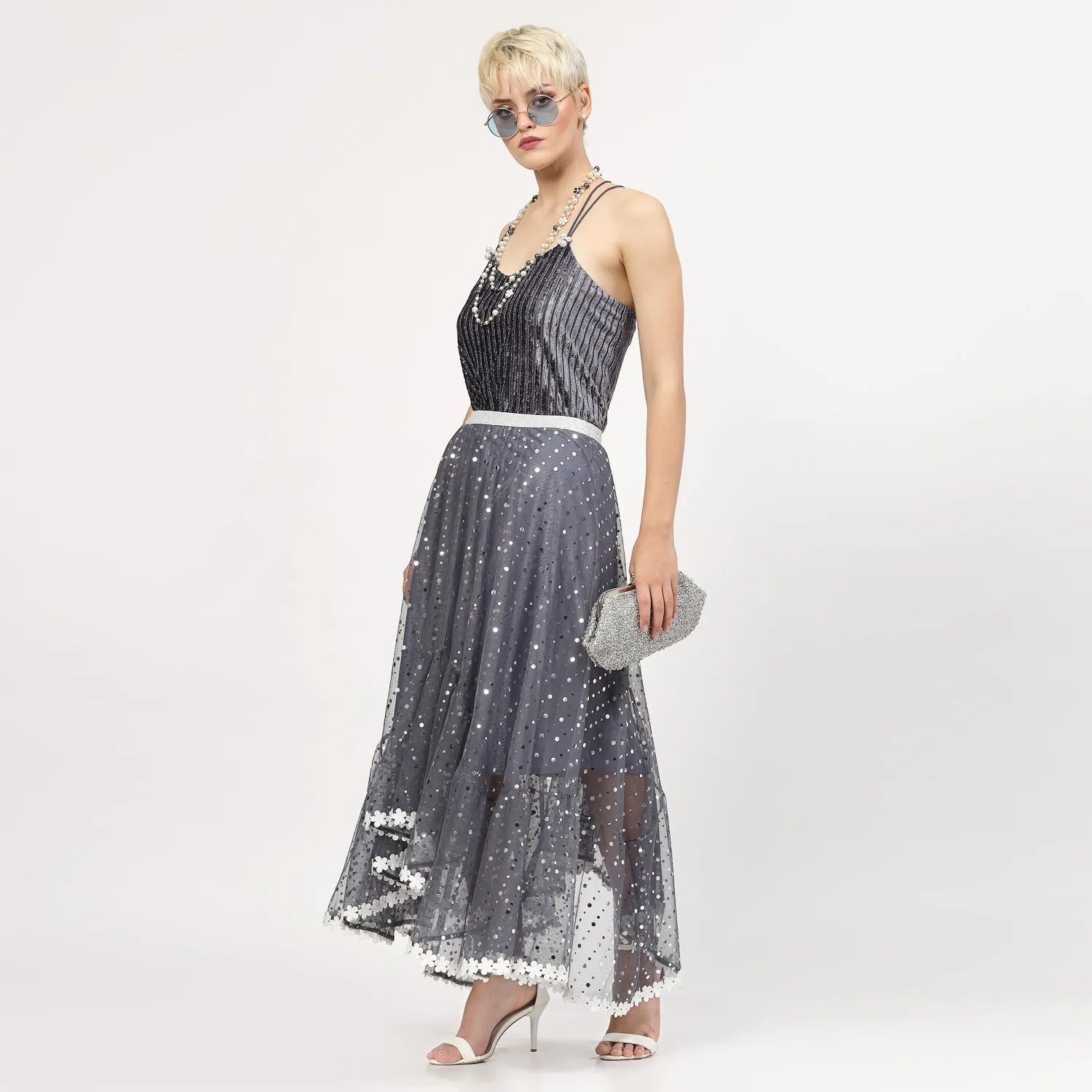 Grey Velvet Spaghetti Top With Strings And Pearl Beads