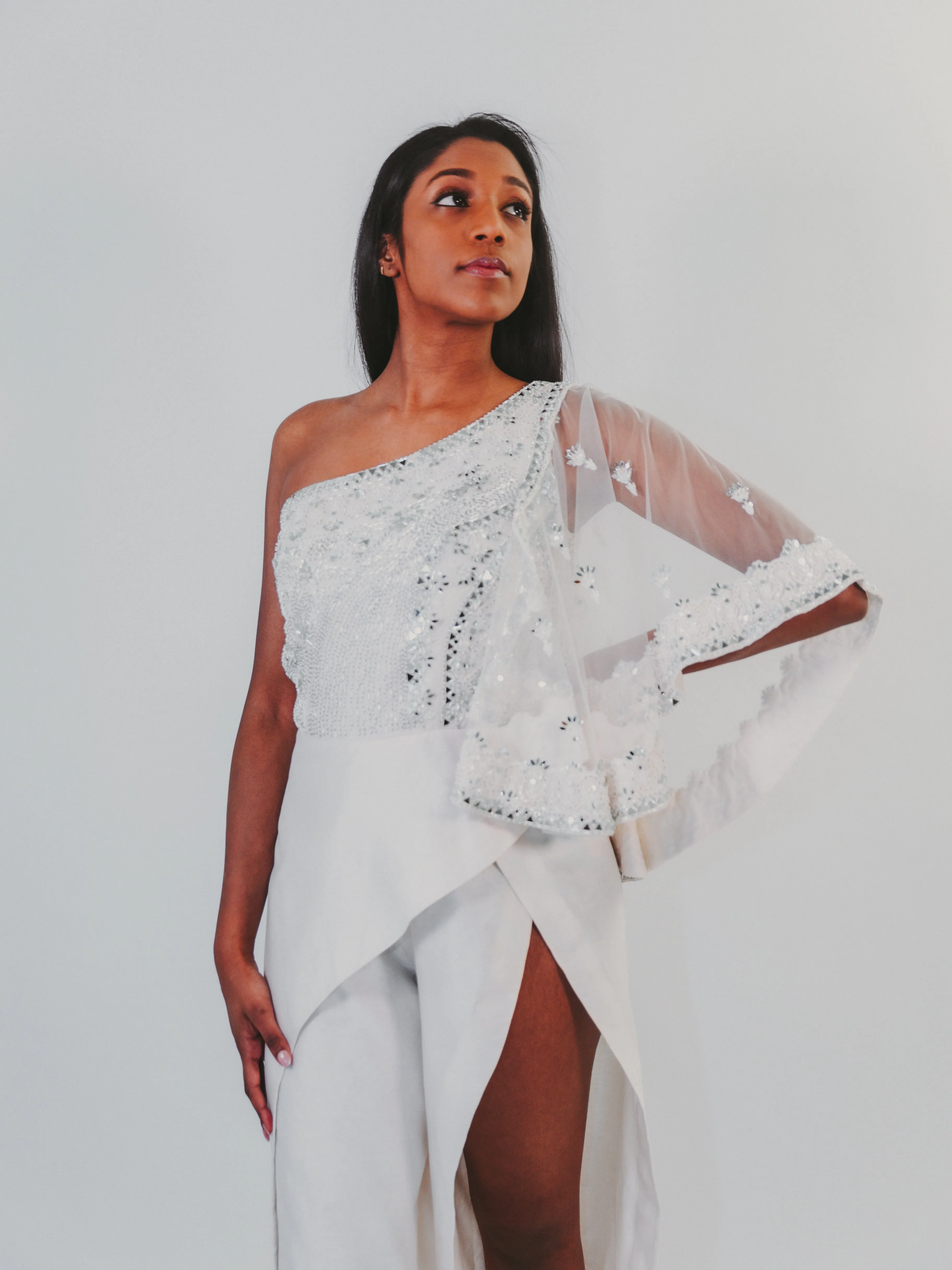 White Mirror Embroidered One-Shoulder Jumpsuit