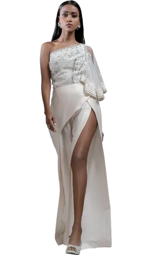 White Mirror Embroidered One-Shoulder Jumpsuit