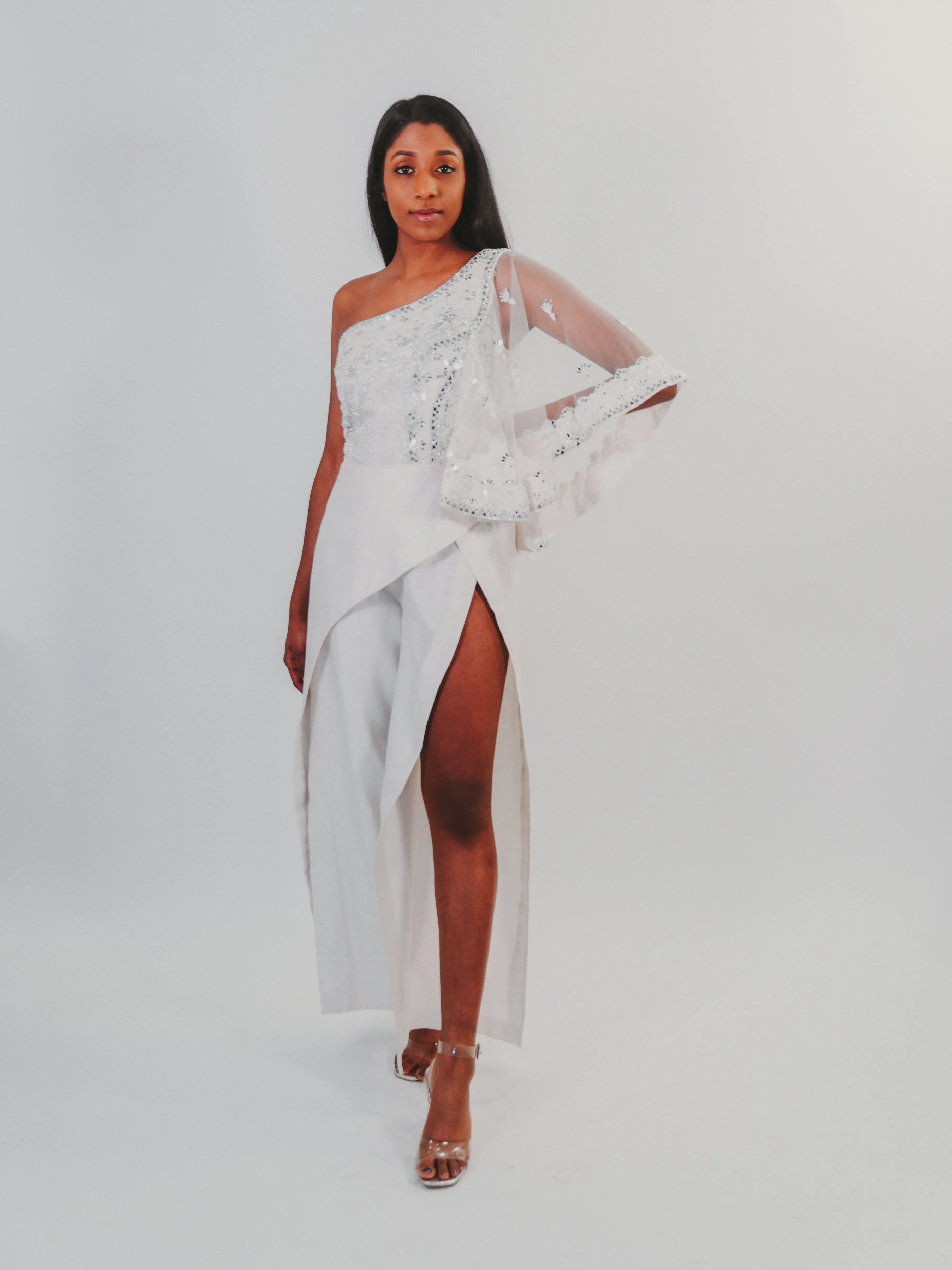 White Mirror Embroidered One-Shoulder Jumpsuit
