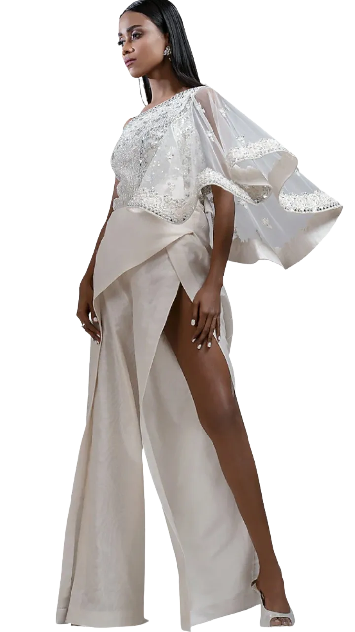 White Mirror Embroidered One-Shoulder Jumpsuit